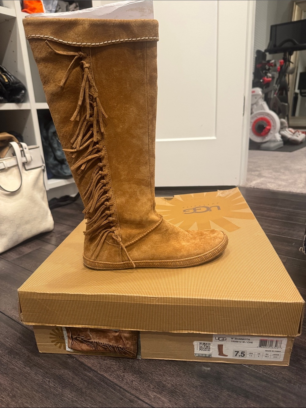 UGG Mammoth Chestnut Suede Knee-High Fringe Boot - Women's